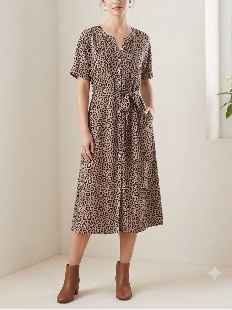 Aviva Leopard Print Button Down Midi Dress Short Sleeve Belted